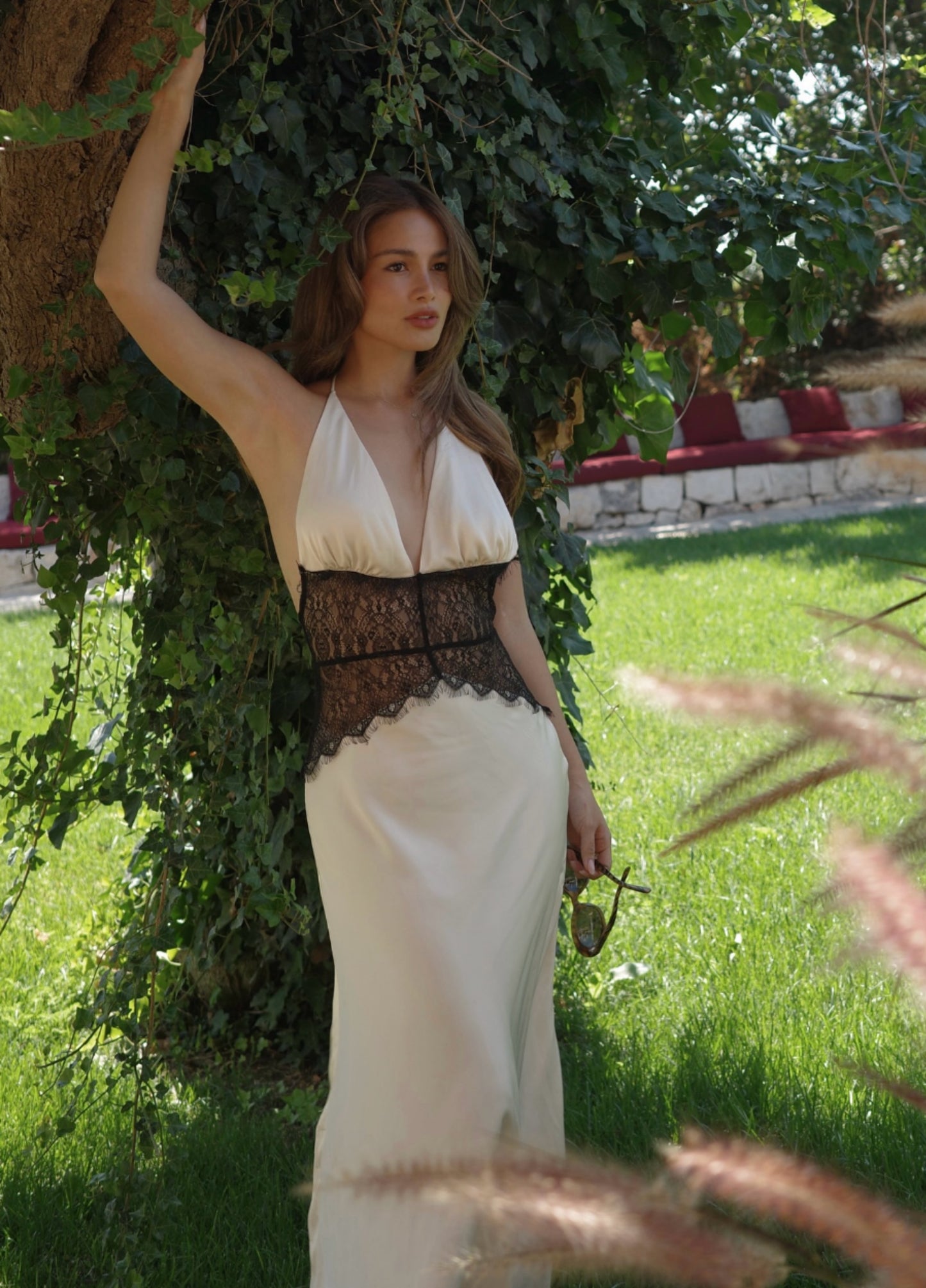 Amara Satin Maxi Dress - White/Black