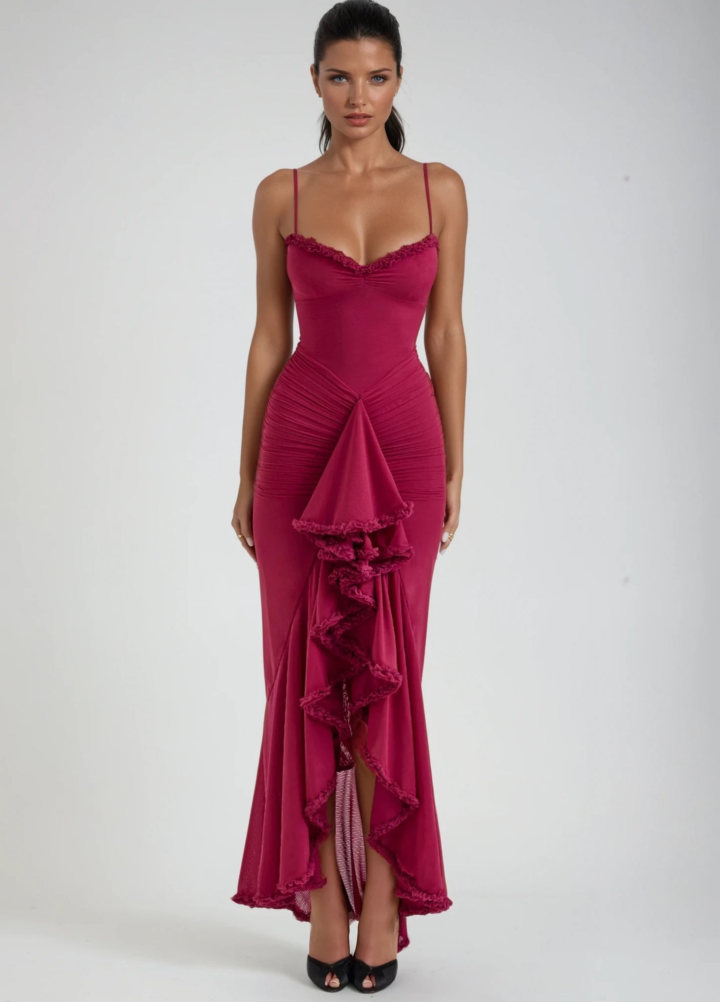 Solene Ruffle Maxi Dress - Wine