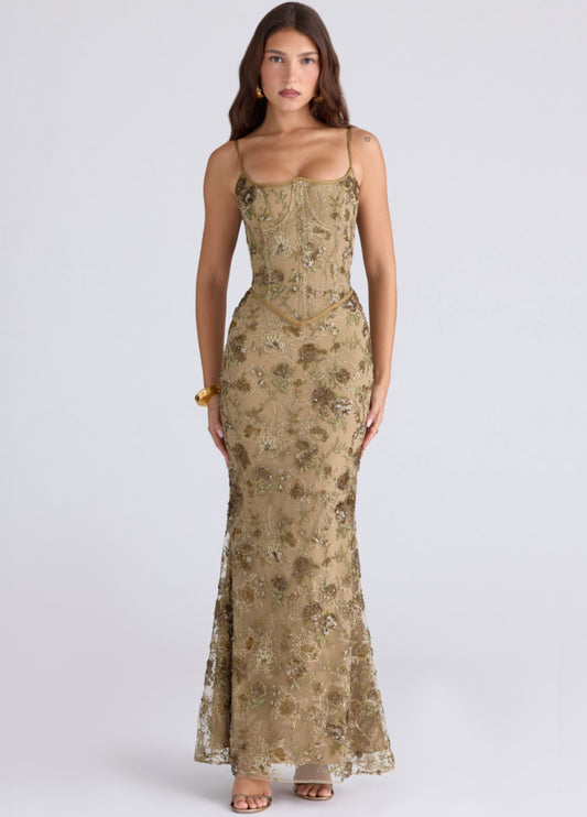 Ophelia Corset Maxi Dress - Golden Olive