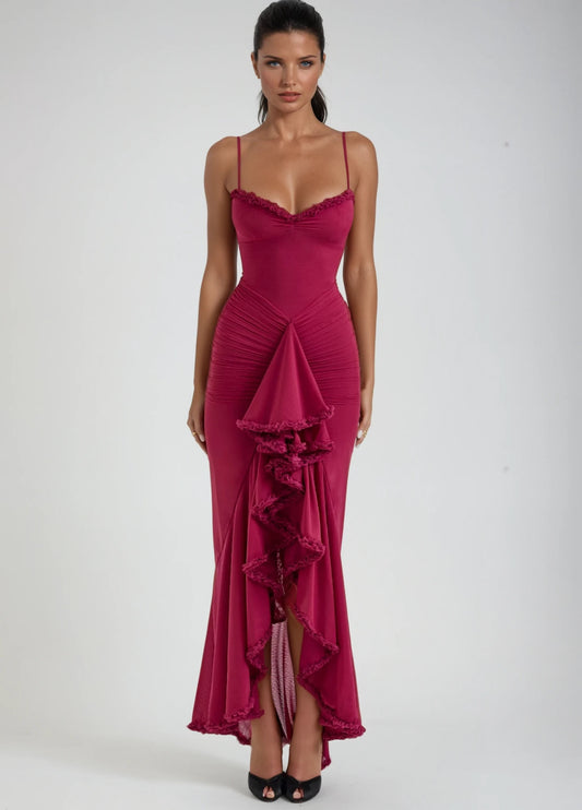 Solene Ruffle Maxi Dress - Wine